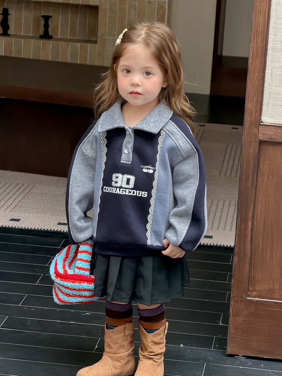 DAZY Infant/Toddler (Girl) Contrast Color Patchwork Casual Autumn/Winter Korean Style Long Sleeve Sweatshirt - Grey - View 1