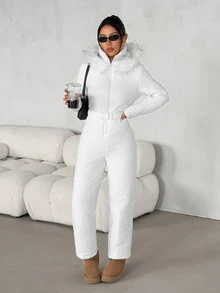 SHEIN PETITE Women's Winter Hooded Warm Jumpsuit - White - View 1