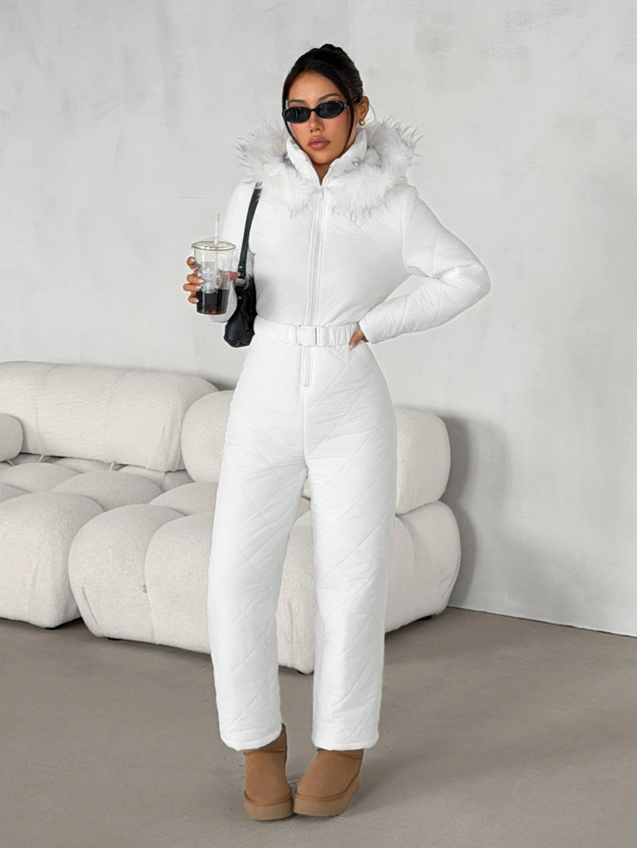 SHEIN PETITE Women's Winter Hooded Warm Jumpsuit - White - View 1