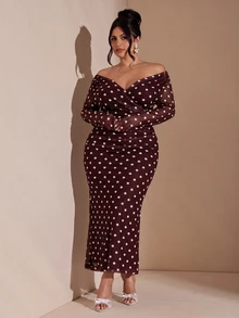 SHEIN BAE 大尺碼女款秋冬長袖波點V領抓皺露肩優雅洋裝，棕色洋裝 - 紫紅色 - 查看 5