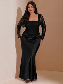 SHEIN BAE CURVE 大尺碼女款長袖蕾絲洋裝，優雅秋冬派對洋裝 - 黑色 - 查看 5