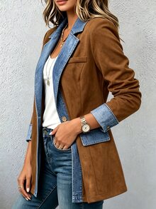 Auvina Plus Size Women's Colorblock Casual Commuter Blazer Jacket - Coffee Brown - View 4