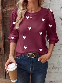 Trelyra Fashion Basic Retro Colorblock Red Base White Heart Print Round Neck Puff Long Sleeve T-Shirt - Multicolor - View 7