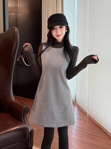 DAZY Autumn/Winter Grey Sleeveless A-Line Wool Tank Dress, Slim Fit Elegant Date Commute Wedding Women's Short Dress - Grey - View 7