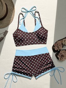 Bonvoyette Women's Summer Beach Vacation Blue And Brown Polka-Dot Print Layered Bikini Set,2-In-1 Bikini Top And Drawstring Beach Shorts - Multicolor - View 4