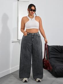 SHEIN PETITE CURVE 大尺碼女款休閒日常牛仔褲，附口袋與鈕扣設計 - 灰色 - 查看 6