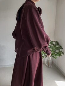 DAZY Women's Solid Color Collar Long Sleeve Shirt And Skirt Elegant 2 Pieces Set - Burgundy - View 5