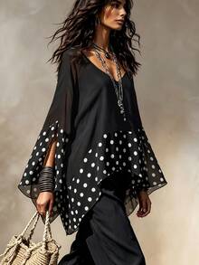 SHEIN New Women's Patchwork Polka Dot Pattern Versatile Slimming Loose Fit Blouse - Black and White - View 3