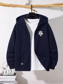 SHEIN 青少年男孩極簡街頭風秋冬休閒日常穿著校園拉鍊連帽衛衣 - 藏蓝色 - 查看 1