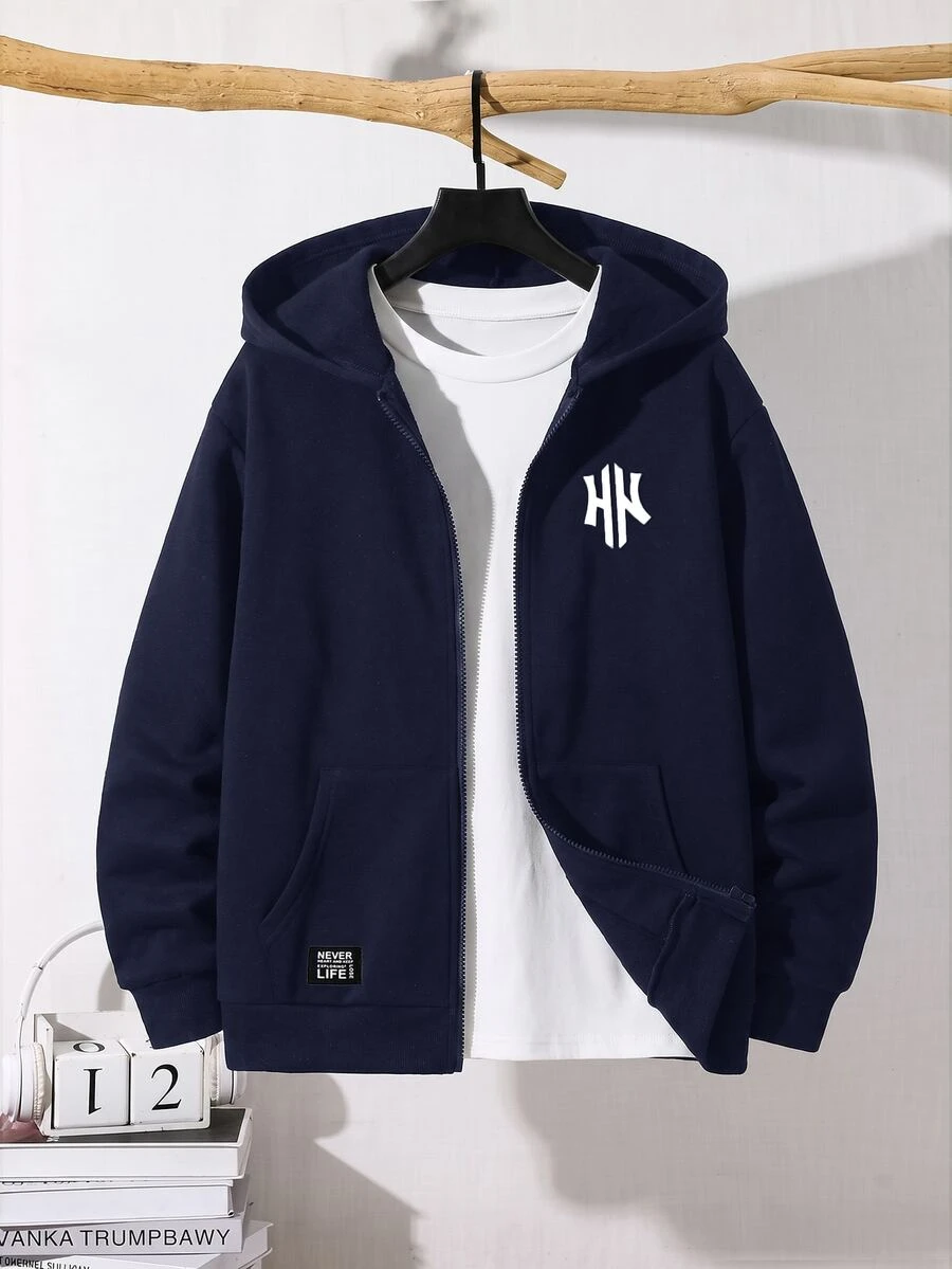 SHEIN 青少年男孩極簡街頭風秋冬休閒日常穿著校園拉鍊連帽衛衣 - 藏蓝色 - 查看 1