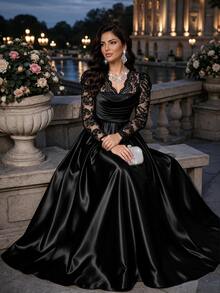 Auveirra Plus Size Women's Lace Patchwork Pleated Elegant Waist-Cinching Party Dress Fall - Black - View 6