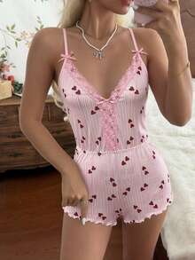 CottageSlumber Women's Lace Patchwork Backless Heart Stripe Print Pajama Romper - Pink - View 4