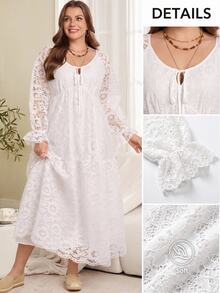 EMERY ROSE Plus Size Solid White Lace Patchwork V-Neck Long Sleeve Bow Front Ruffle Party Dress Fall Winter 2026 - White - View 1