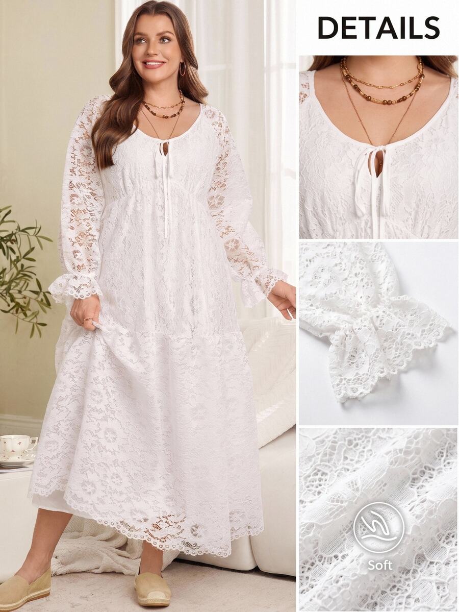 EMERY ROSE Plus Size Solid White Lace Patchwork V-Neck Long Sleeve Bow Front Ruffle Party Dress Fall Winter 2026 - White - View 1