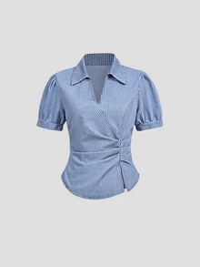 Sweetra French Style Elegant Polo Collar Striped V-Neck Short Sleeve Slim Fit Women's Washed Denim Shirt - Blue - View 1