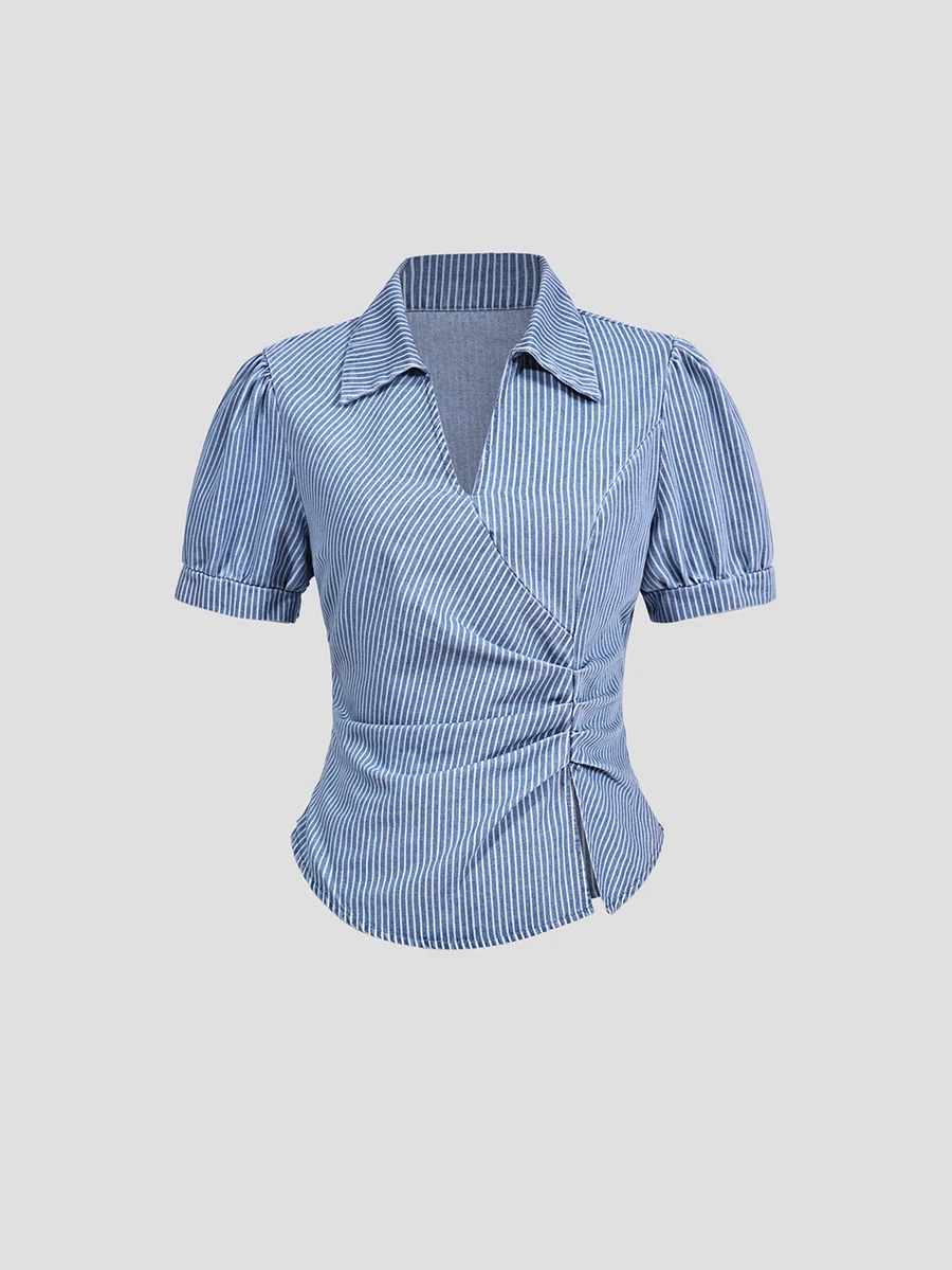 Sweetra French Style Elegant Polo Collar Striped V-Neck Short Sleeve Slim Fit Women's Washed Denim Shirt - Blue - View 1