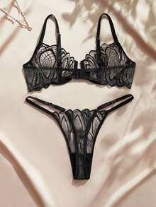 Charlaine Large Petal Embroidered Women's Lingerie Set, Adjustable Straps Ultra-Thin Underwire Bra, Thin Strap Thong 2pcs - Black - View 2