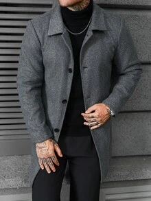 Manfinity CasualCool 男士商務灰色粗花呢單排扣大衣，修身直筒版型，都會商務優雅通勤風 - 灰色 - 查看 1