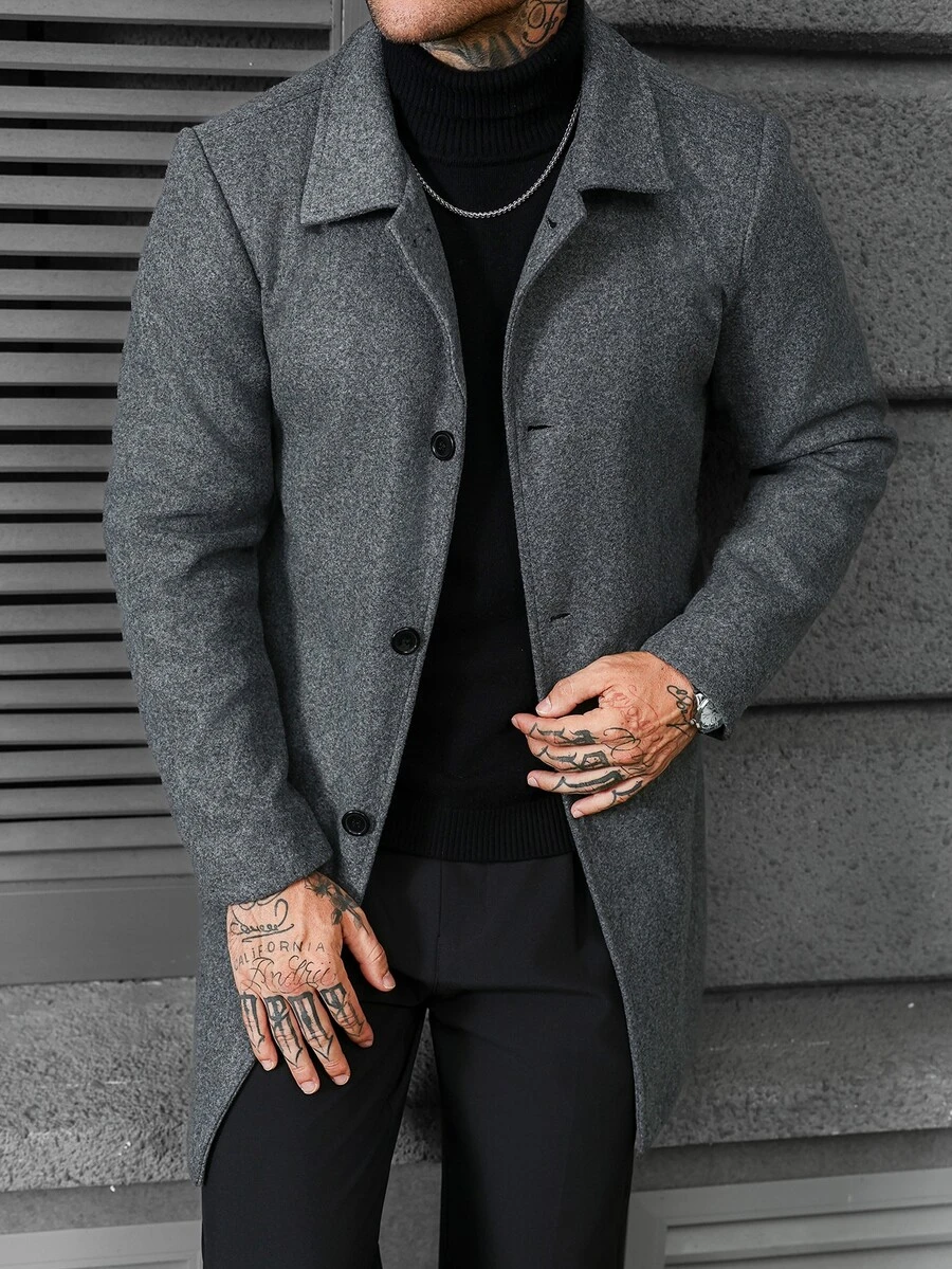 Manfinity CasualCool 男士商務灰色粗花呢單排扣大衣,修身直筒版型,都會商務優雅通勤風 - 灰色 - 查看 1