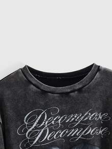 ROMWE Grunge Punk Y3K Hot Girl 2 In 1 Girls Portrait Slogan Print Washed Loose T-Shirt - Black - View 3