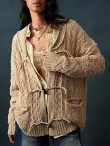 Bohemela Women's Horn Button Drop Shoulder Long Sleeve Knit Cardigan - Khaki - View 2