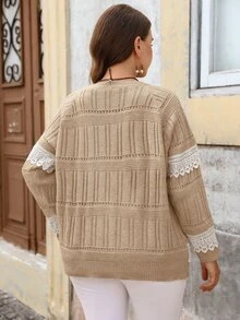 EMERY ROSE كنزة صوفية طويلة الأكمام بياقة على شكل حرف V مع رقعات دانتيل كاجوال للاستخدام اليومي للنساء بمقاسات كبيرة - كاكي - مشاهدة 2