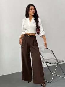 SHEIN PETITE 女款黑色純色寬腿休閒腰帶長褲，適合小碼版型 - 咖啡棕 - 查看 5