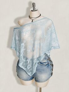 SHEIN ICON 女款大尺碼蕾絲單肩性感透視上衣 - 薄荷綠 - 查看 2