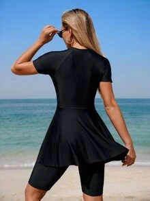 Swim Shayni Women's Summer Vacation Short Sleeve Sun Protection Conservative Swimwear, Lily Print Skirt Tankini, Tummy Control Ruched High Waist Tankini Bottom 2 Pieces Swimsuit Beach Wear - Black - View 2