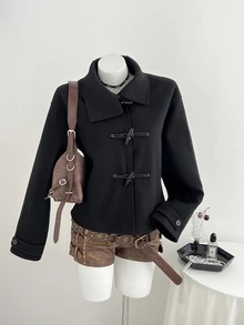 Elamini Autumn/Winter Fashion Women's Overcoat With Horn Buttons - Black - View 6