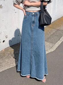 DAZY Spring/Summer Women's Casual Solid Color Raw Hem Mermaid Denim Skirt - Medium Wash - View 4