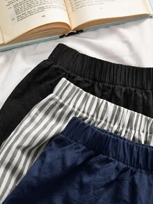 SHEIN VCAY 3件組女款夏季編織時尚海軍藍亞麻短褲，女款夏季海灘節慶休閒基礎款，黑色、灰色與白色 - 藏蓝色 - 查看 4