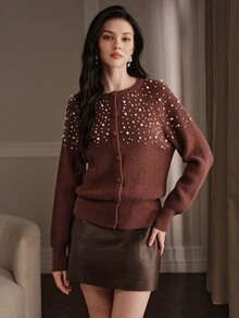 Anewsta Autumn/Winter Slouchy Relaxed Chic Luxury Fashion Beaded Knit Cardigan For Women, Suitable For Dating And Commuting - Brown - View 4