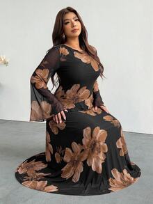 Firerie Plus Size Women's Floral Print Bell Sleeve Elegant Dress - Multicolor - View 4