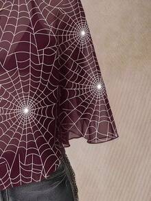 SHEIN ICON 大尺碼網紗蜘蛛網印花不對稱下擺上衣 - 彩色 - 查看 4