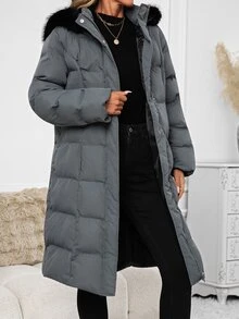 SHEIN Clasi Women's Winter Warm Button Long Sleeve Pockets Padded Coat - Grey - View 5