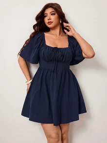 Enliva Plus Size Women's Spring/Summer New Casual Daily Outfit, Suitable For Party, Date, Birthday, Music Festival, Back To School, Commute, Vacation And Other Occasions, Ruffle Short Sleeve Dress, Cold Shoulder Design, Soft Cotton Blend Fabric, Loose Fit, Short Length, Black, Plus Size Available - Navy Blue - View 5