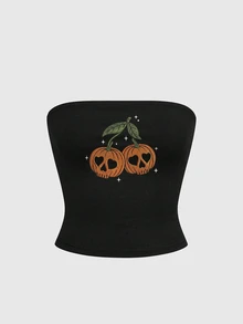 ROMWE Goth Plus Size Women Skull & Pumpkin Pattern Casual Daily Tube Top - Black - View 1