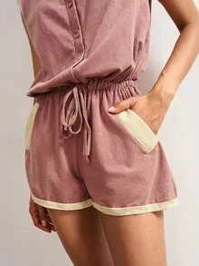 Bohemela Women's Contrast Trim Drawstring Waist Romper - Dusty Pink - View 6