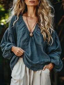 Breezaya Pastoral Slouchy V-Neck Pleated Lantern Sleeve Plus Size Top - Blue - View 3
