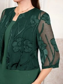 Reflora 時尚優雅定位 Huha 印花大尺碼女款開襟短袖夾克與無袖洋裝兩件套 - 墨綠色 - 查看 4