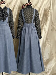 Sunspun Plus Size Autumn/Winter Vintage Polka Dot Blouse & Plaid Pinafore Dress Set, School Style With Bowknot And Straps, 2 Pieces Fall - Multicolor - View 2