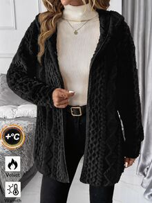 SHEIN Clasi 大尺碼女款純色長袖連帽開襟外套，秋冬款 - 黑色 - 查看 6