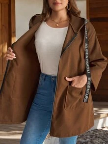 EMERY ROSE Plus Size Pocket Zipper Hooded Jacket Casual Outerwear Fall Winter 2026 - Coffee Brown - View 7