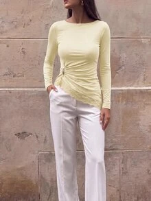 Lumalex 女款蕾絲拼接休閒日常長袖T恤 - 米色 - 查看 11