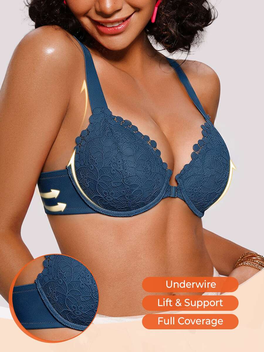 Bareli Dear Sexy Front-Closure Black Lace Lingerie, Anti-Sagging, Small Chest Enhancing, Side-Boob Smoothing, Lift-Up Adjustable 1pc - Blue - View 1