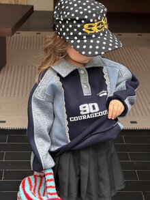 DAZY Infant/Toddler (Girl) Contrast Color Patchwork Casual Autumn/Winter Korean Style Long Sleeve Sweatshirt - Grey - View 7