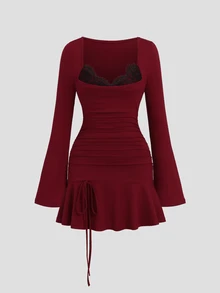 Sweetra Women's Deep Red Flared Long Sleeve Lace Trim Patchwork Fitted Mini Dress, Suitable For Commute, Party And Holiday - Burgundy - View 1