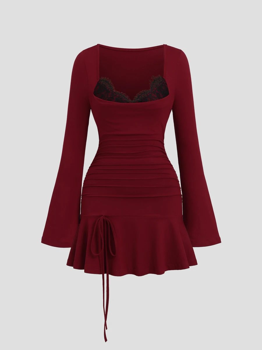 Sweetra Women's Deep Red Flared Long Sleeve Lace Trim Patchwork Fitted Mini Dress, Suitable For Commute, Party And Holiday - Burgundy - View 1