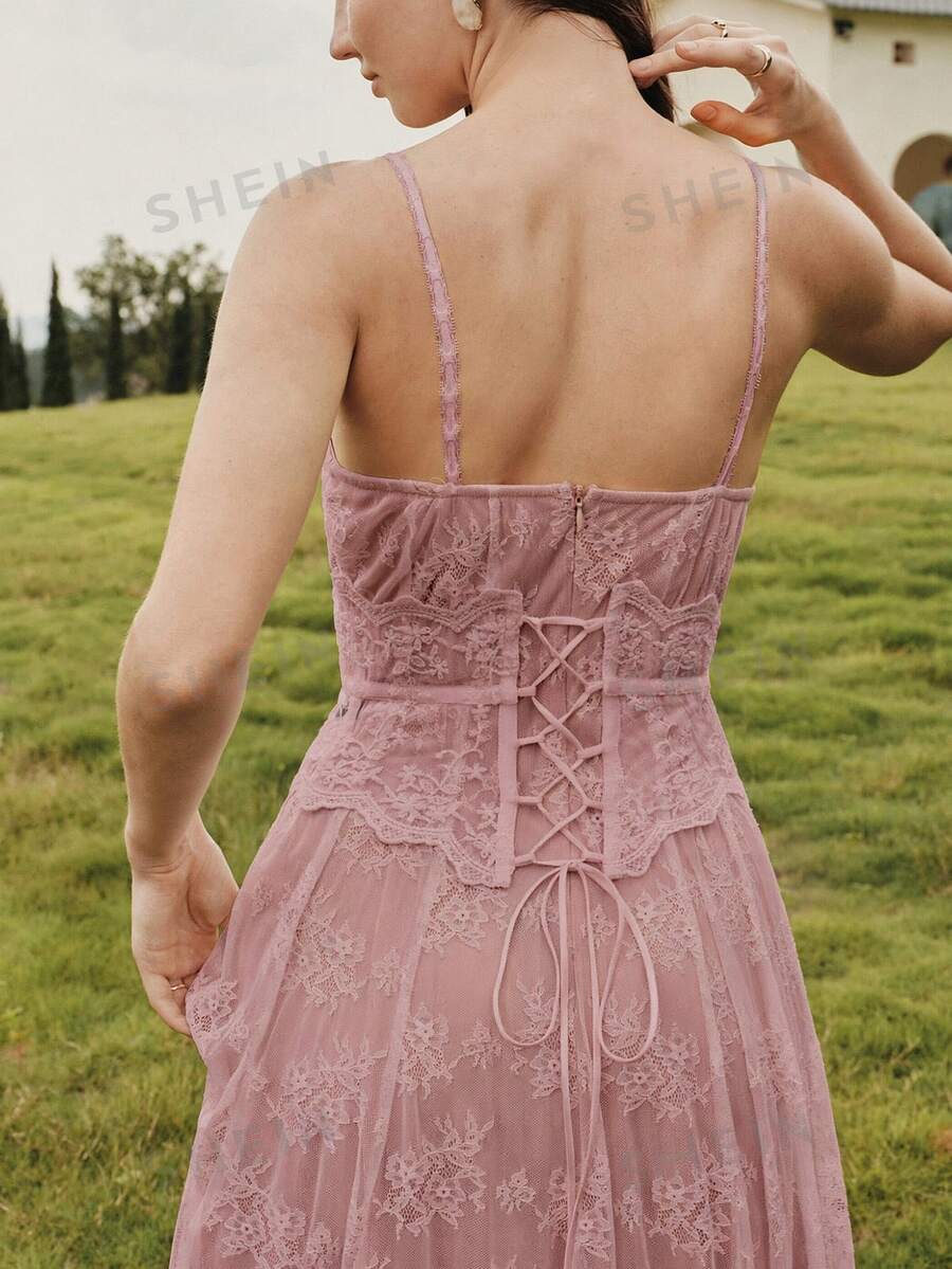 MOTF PREMIUM WOMEN'S SWEET FRENCH LACE CAMI DRESS FOR EVENING PARTY AND BIRTHDAY - Dusty Pink - View 2